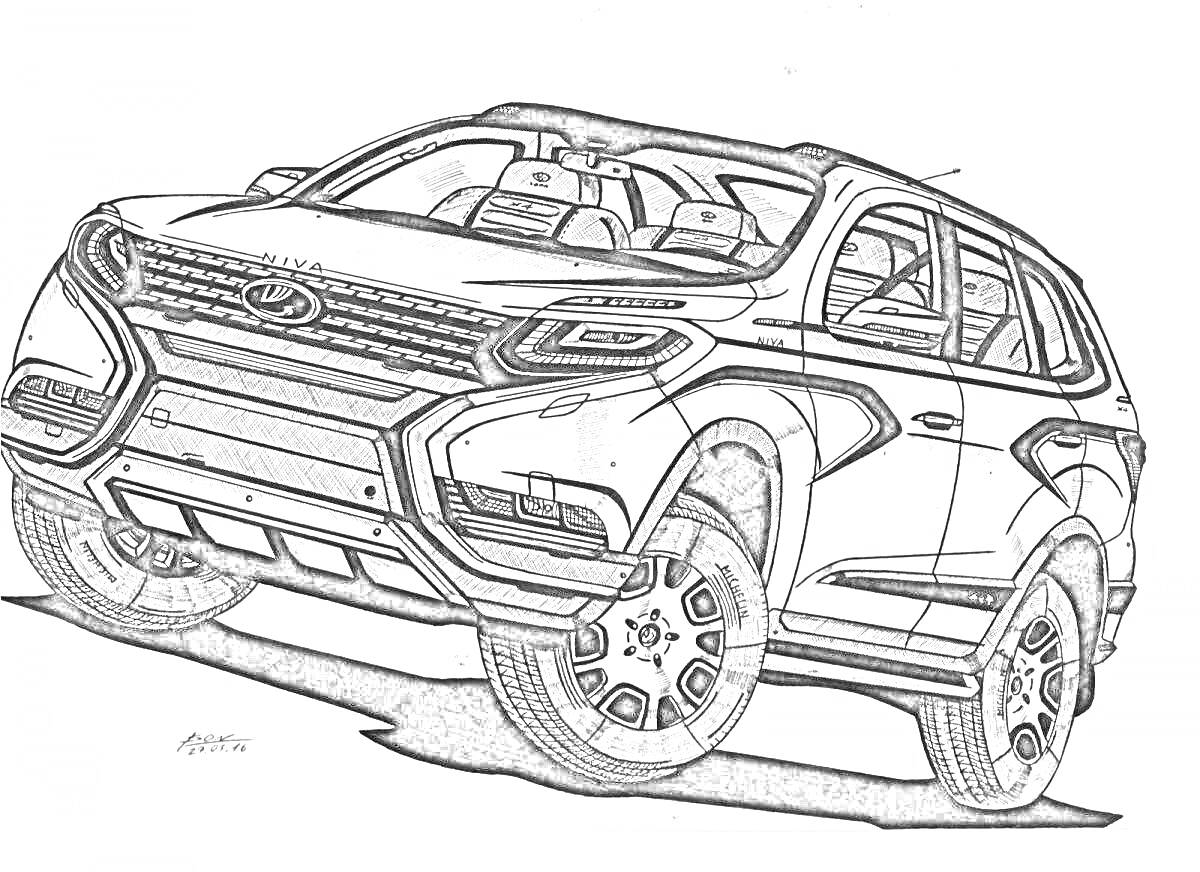 Раскраска Рисунок автомобиля Lada XRay с деталями кузова и колес