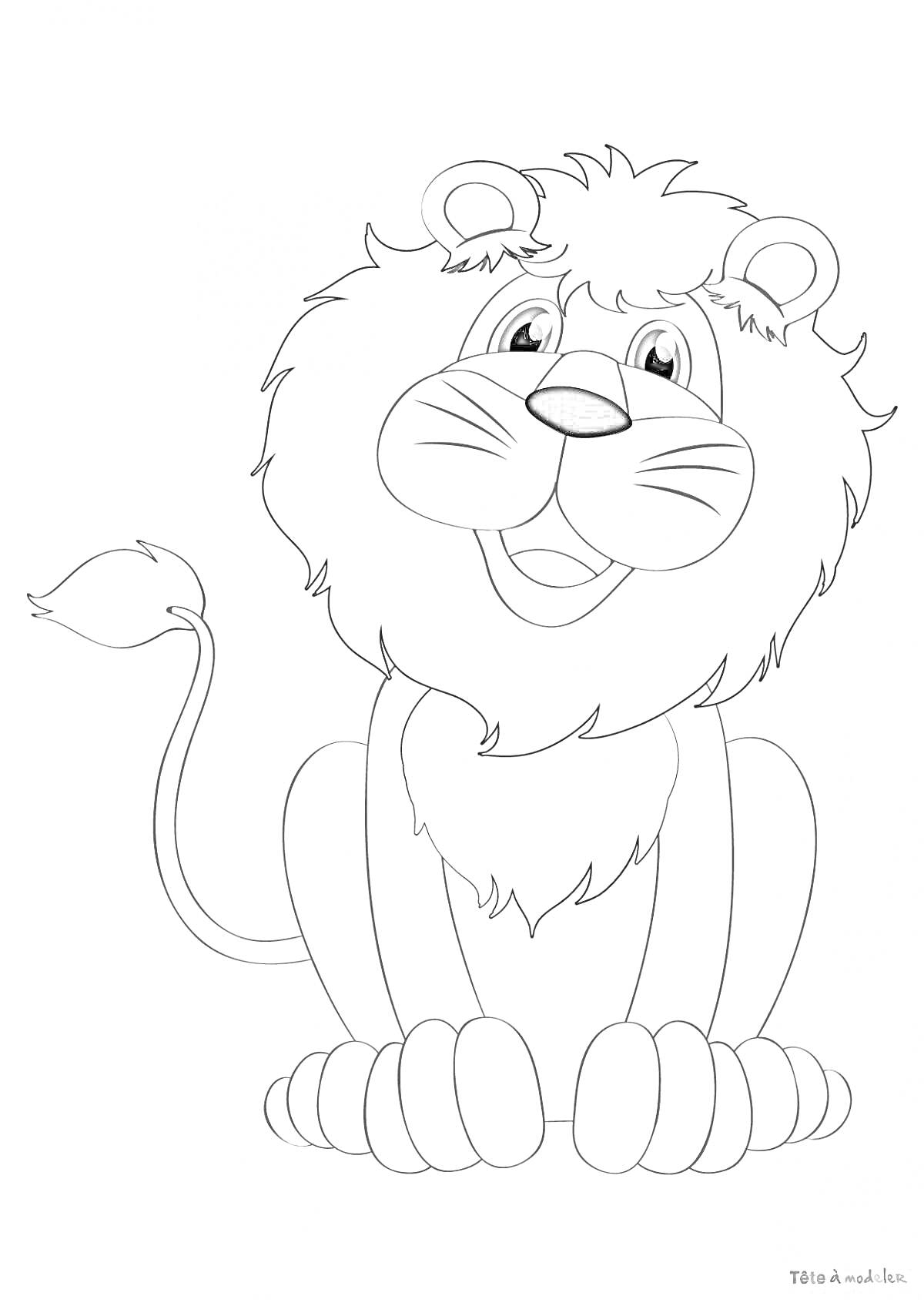 На раскраске изображено: 3-4 года, Лев, Пушистая грива, Улыбка, Сидящий лев