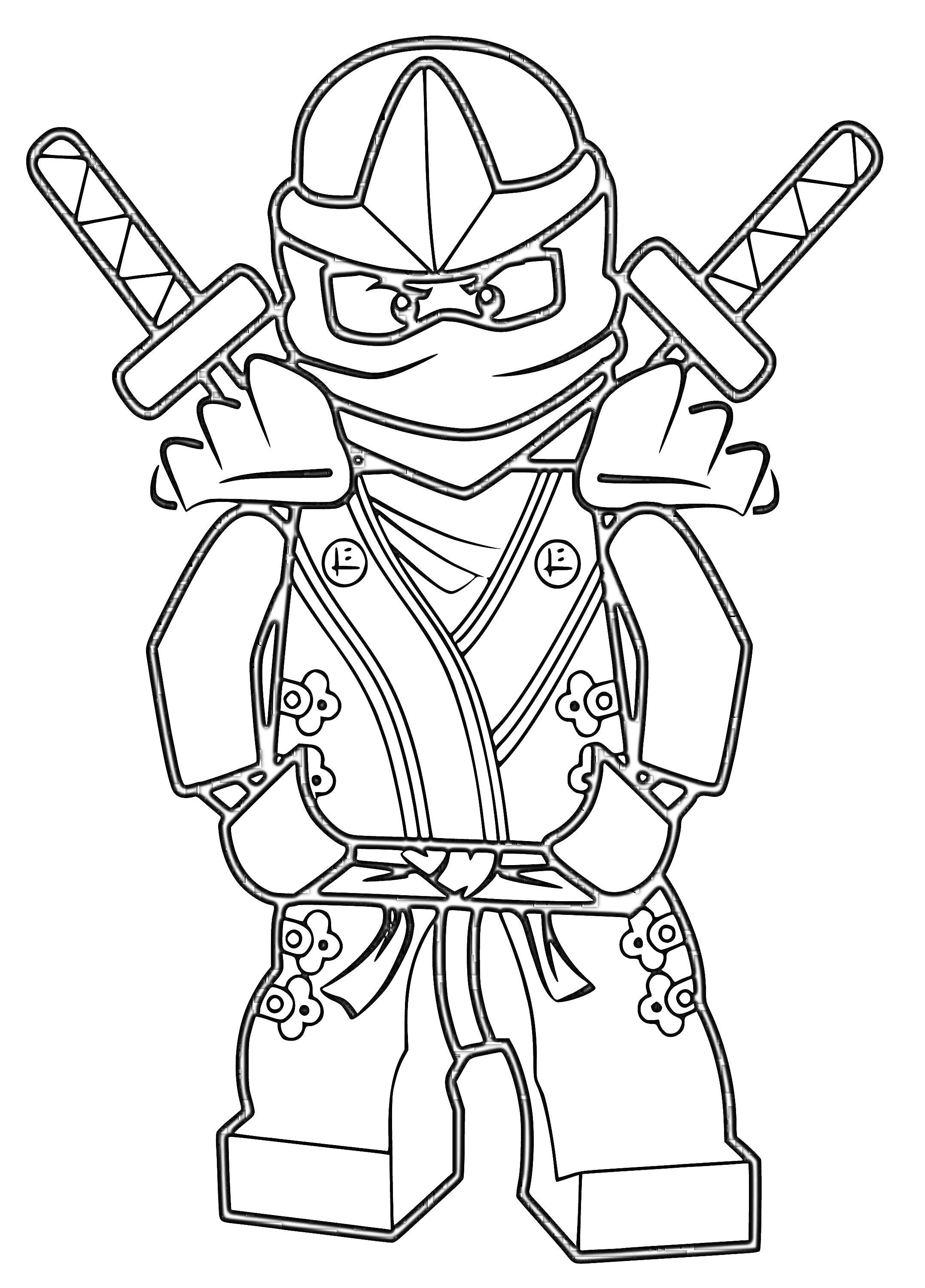 Раскраска Лего Ниндзя с двумя мечами на спине в боевом костюме