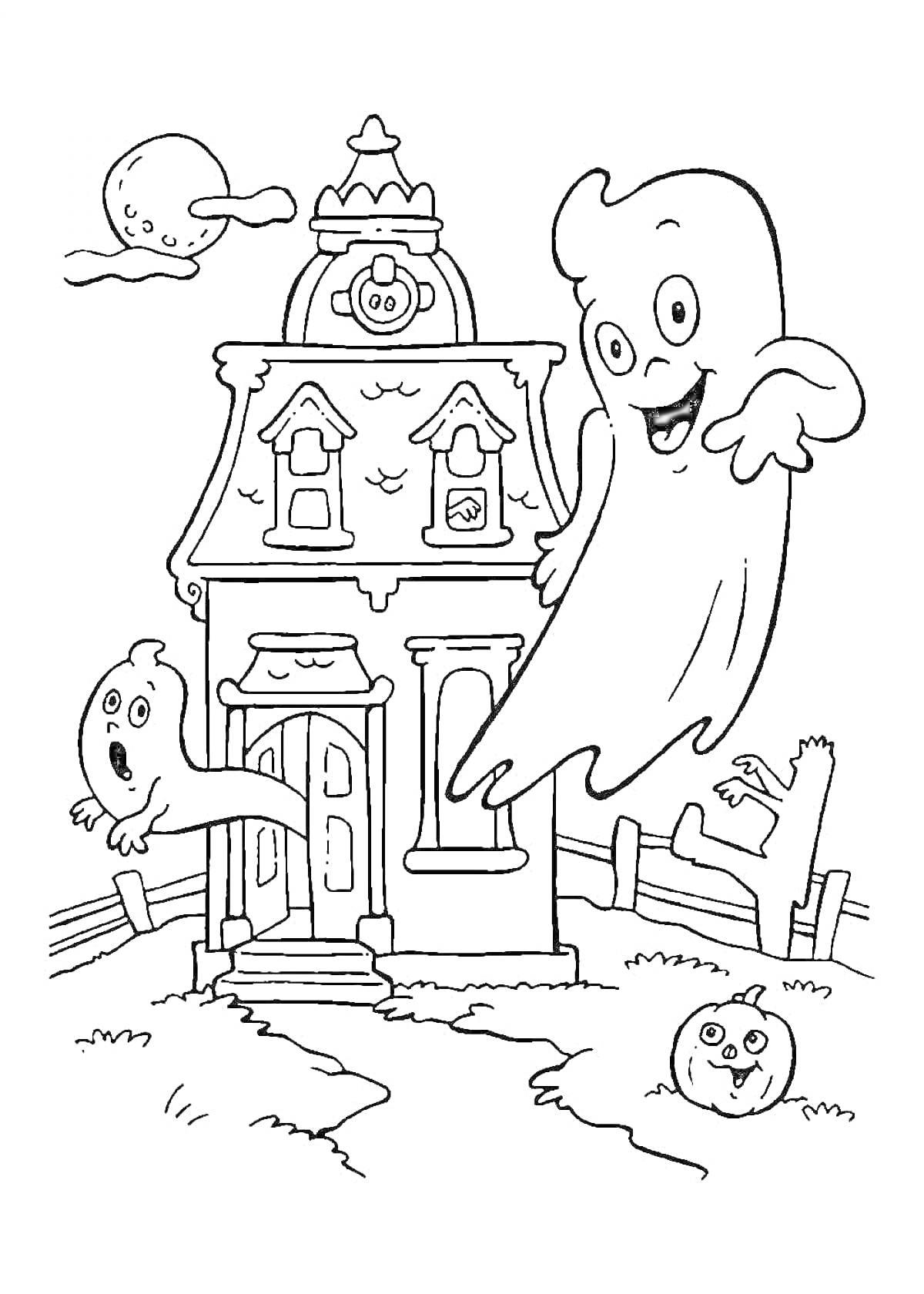 На раскраске изображено: Дом, Привидения, Тыква, Забор, Луна, Облака