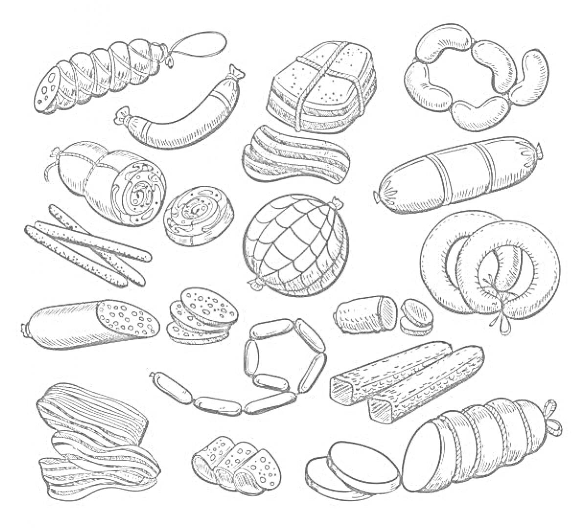 Коллекция мясных продуктов: сосиски, ветчина, бекон, колбаса, карбонат, салями, буженина, колбаски, сервелат, копченая колбаска, куриный рулет, нарезка колбасы