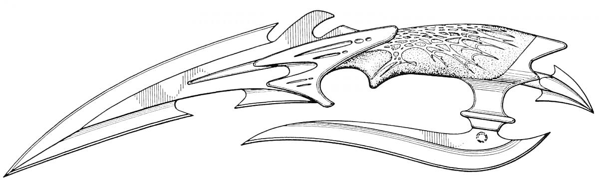 Нож с длинным лезвием и крючками, узорами на рукоятке и защитой для пальцев