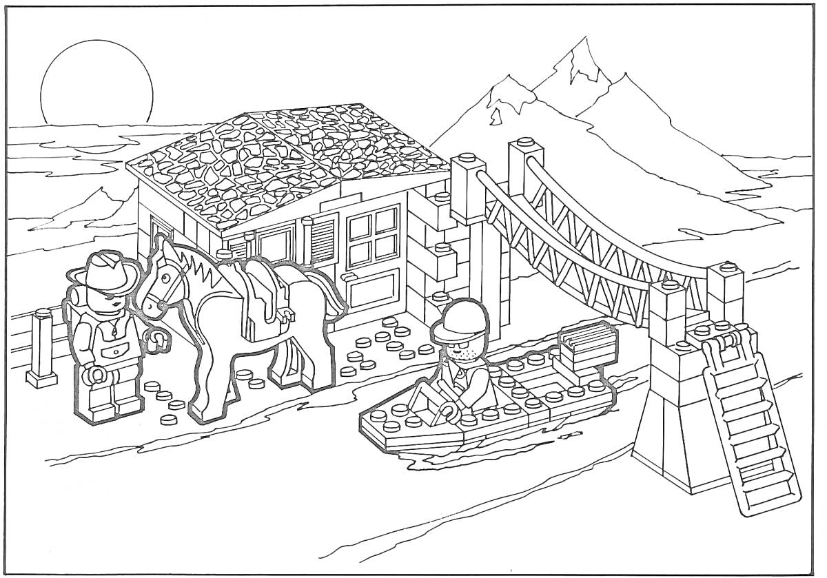 На раскраске изображено: Lego city, Человек, Лошадь, Лодка, Дом, Мост, Горы, Рассвет, Природа