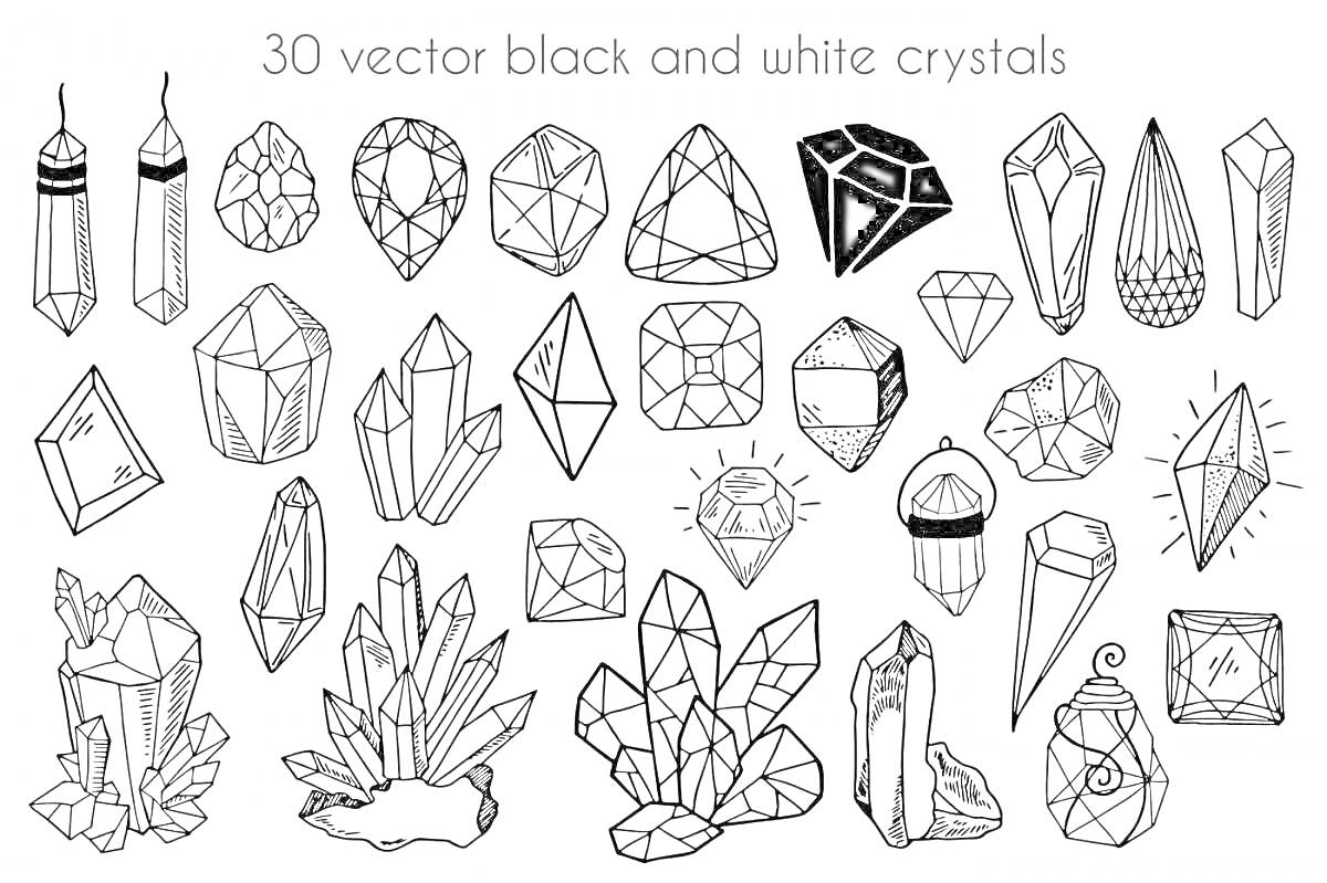 Раскраска Раскраска с 30 черно-белыми кристаллами и алмазами