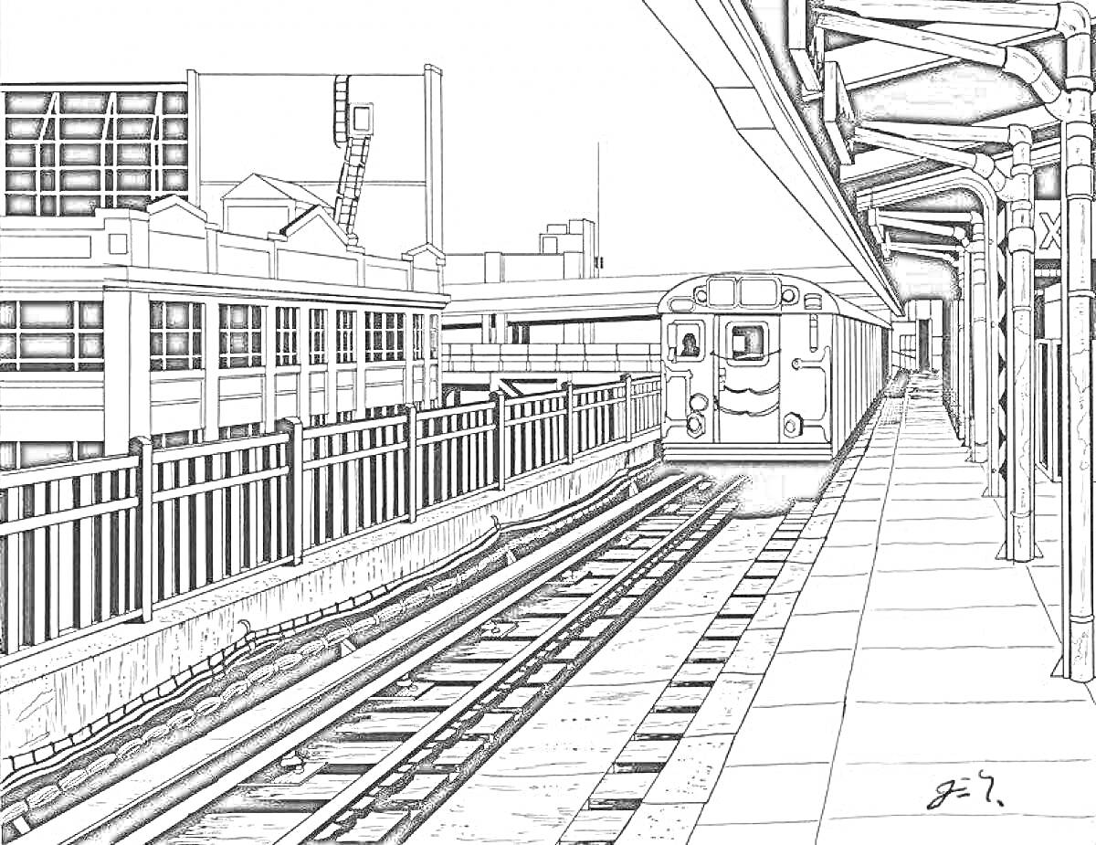 На раскраске изображено: Метро, Поезд, Станция, Платформы, Колонны, Здания, Городской пейзаж, Железная дорога, Инфраструктура