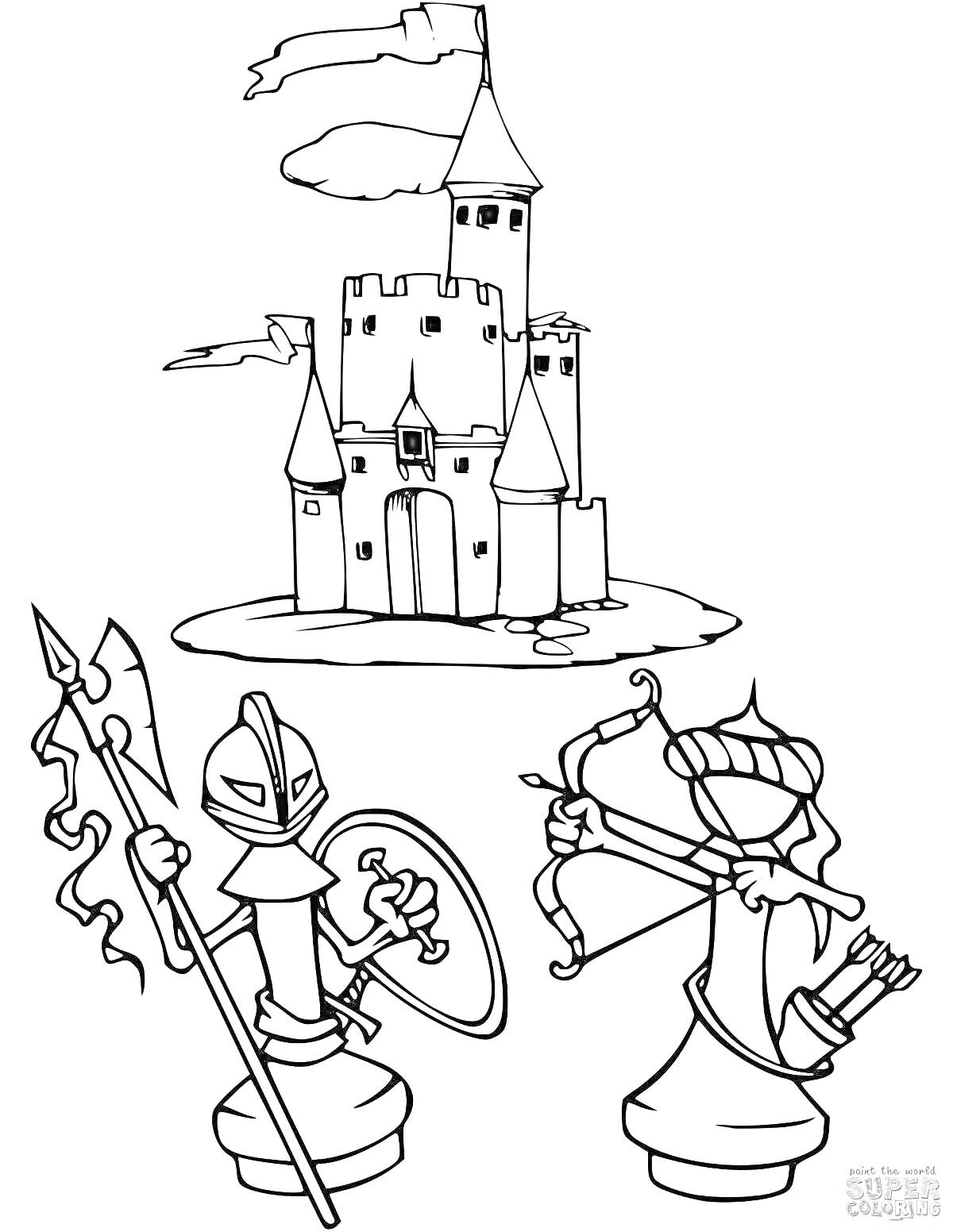 На раскраске изображено: Шахматы, Замок, Лучник, Средневековье, Шахматные фигуры, Игра