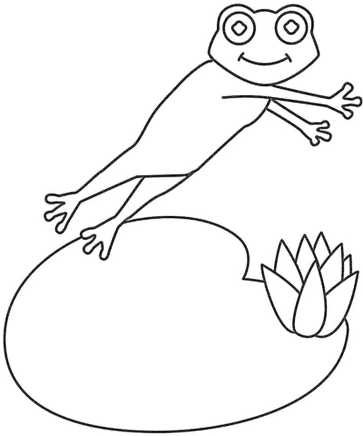 Раскраска Лягушка путешественница прыгает с кувшинки рядом с цветком