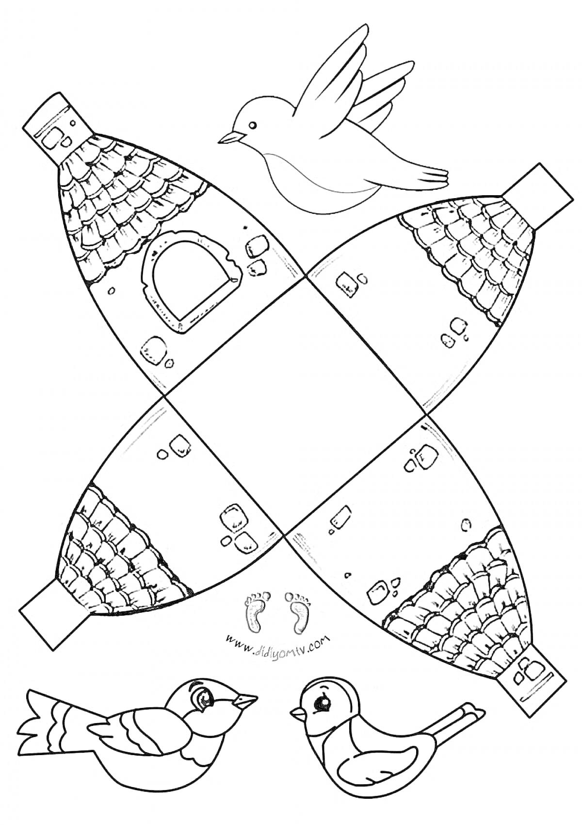 Раскраска Птичий домик с птичками