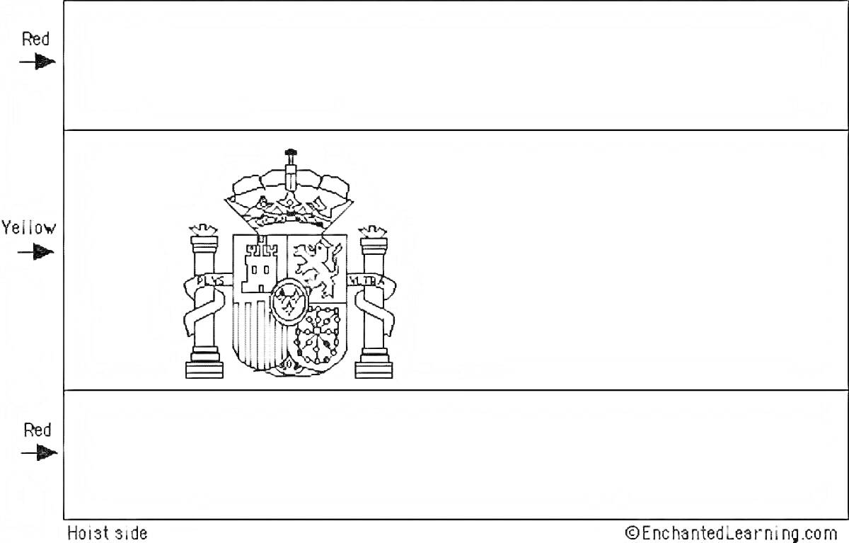 Раскраска Раскраска флага Испании с указанием цветов и гербом в центре