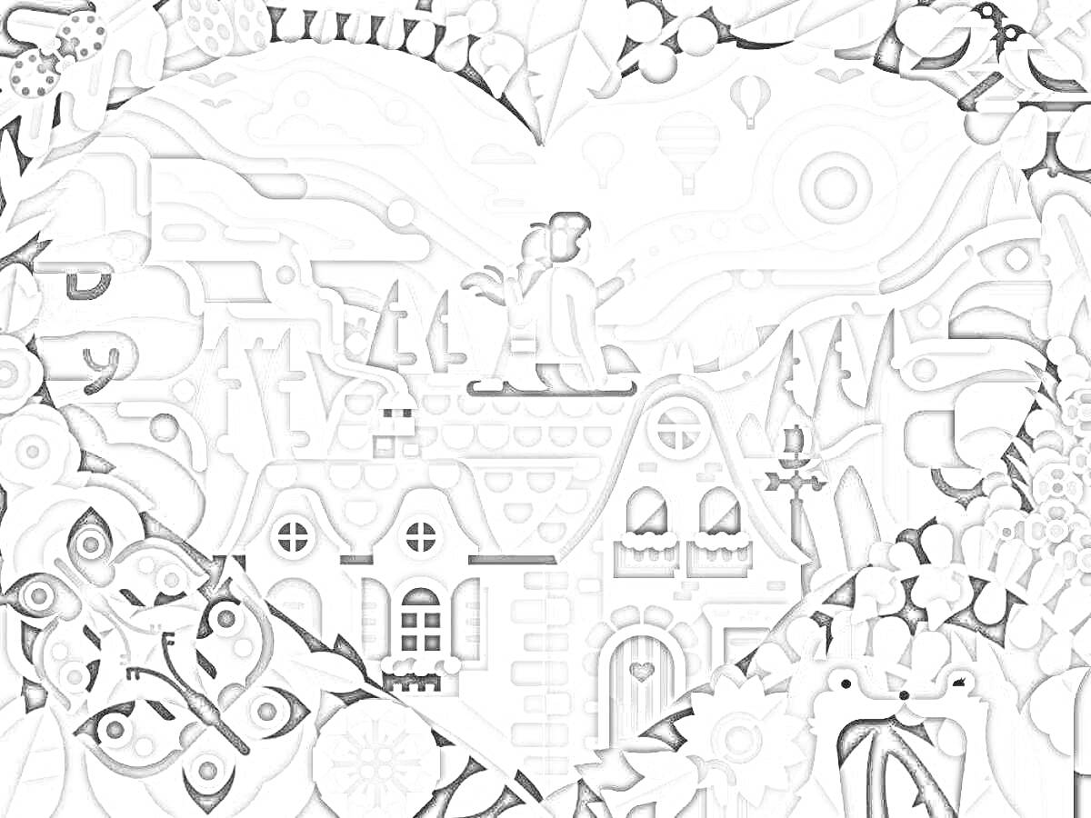 Раскраска Домики в деревне и природа