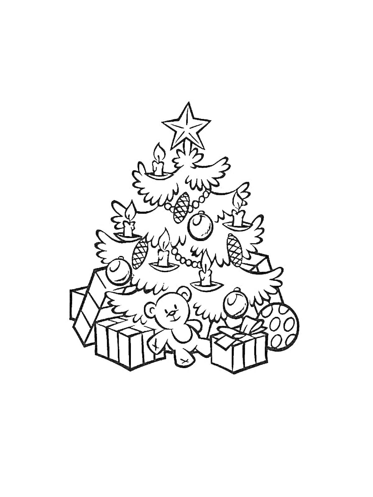 На раскраске изображено: Рождественская елка, Подарки, Свечи, Игрушки, Еловые ветви, Украшения