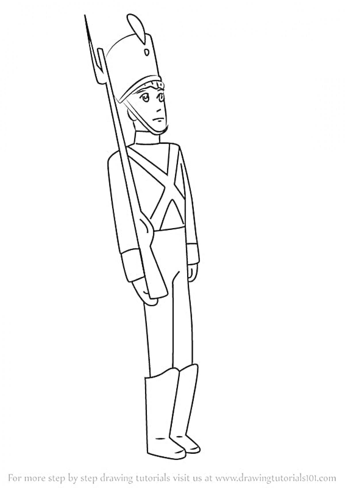 Раскраска Оловянный солдатик с ружьём, в парадной форме с кивером и ремнями
