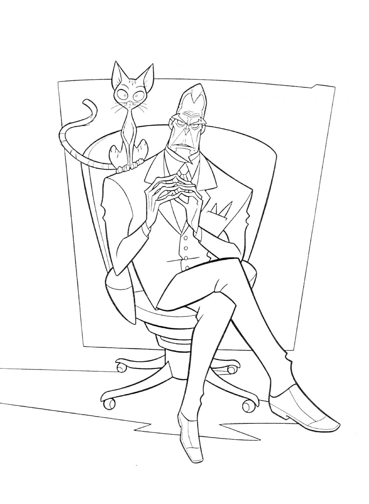 Раскраска Мужчина в строгом костюме и кот на спинке кресла