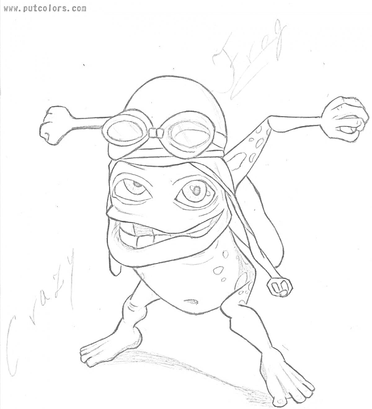 Crazy Frog в очках и шлеме, с поднятыми руками