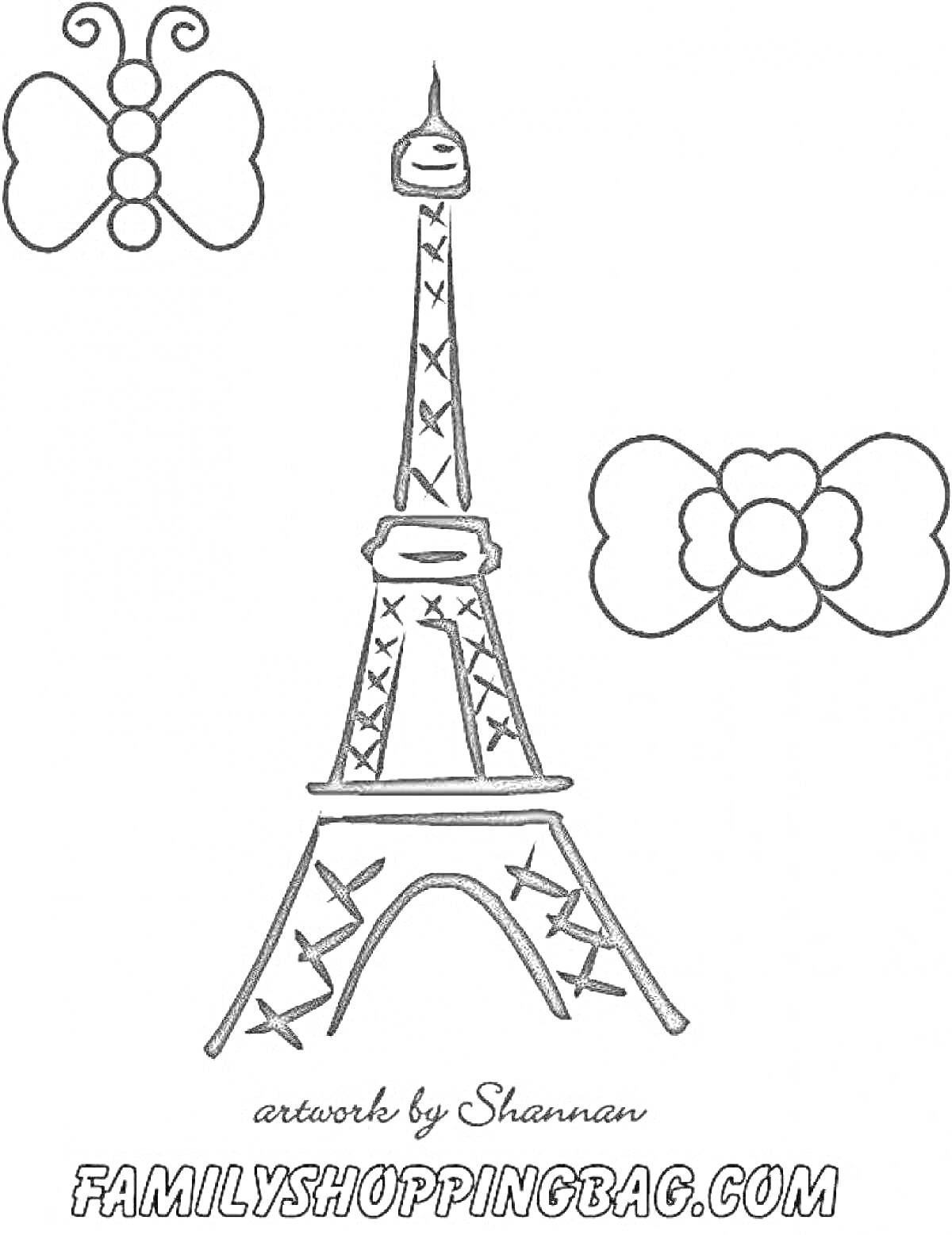 Раскраска Эйфелева башня с двумя бабочками