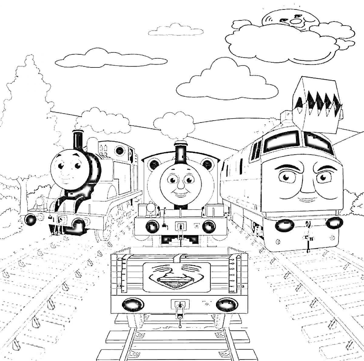 Трое паровозиков Томас на железнодорожных путях с улыбающимся вагоном и улыбающимся облаком
