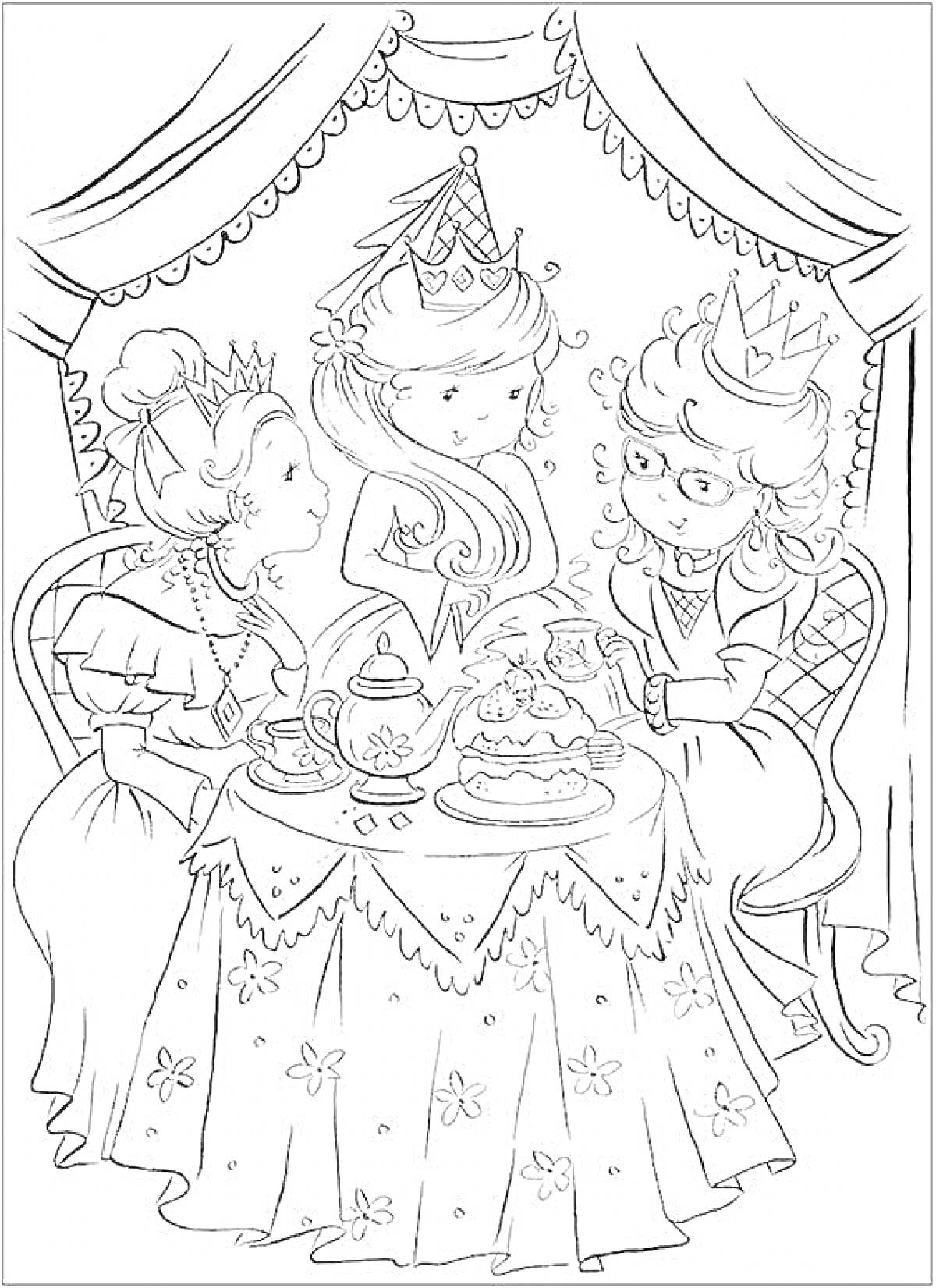 Раскраска Три принцессы на чаепитии при нарядном столе с чайником, чашками и тортом на фоне занавесок
