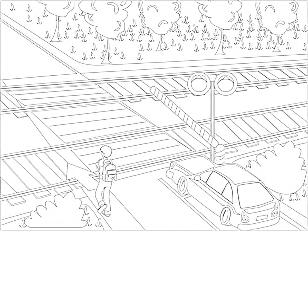На раскраске изображено: Железнодорожный переезд, Деревья, Парковка, Железная дорога, Авто, Дороги, Пешеходы