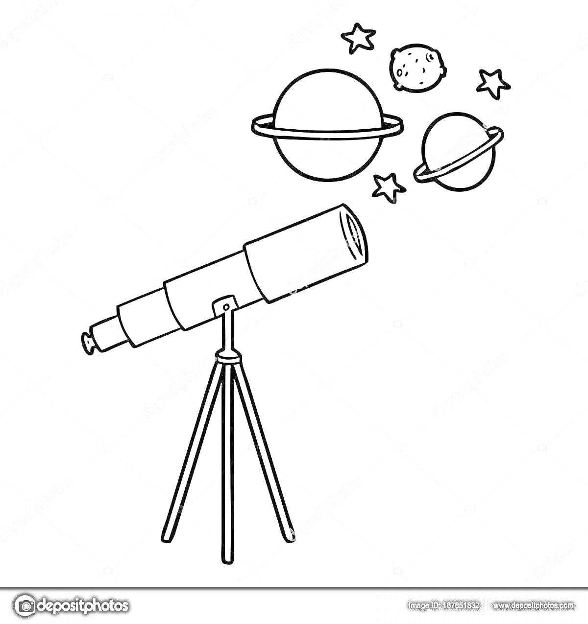 На раскраске изображено: Телескоп, Тренога, Планеты, Звезды, Космос, Астрономия