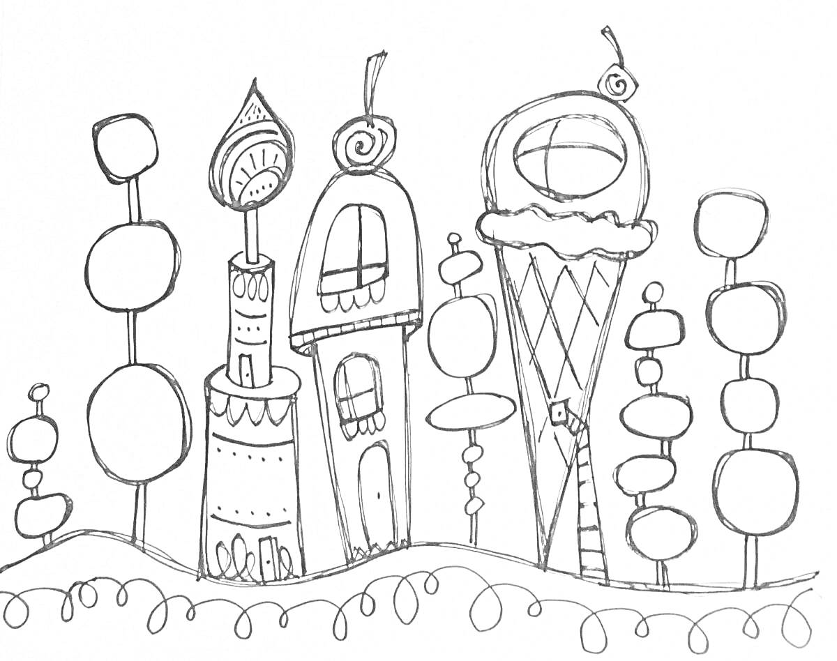 Раскраска Космический город с причудливыми зданиями и необычными деревьями