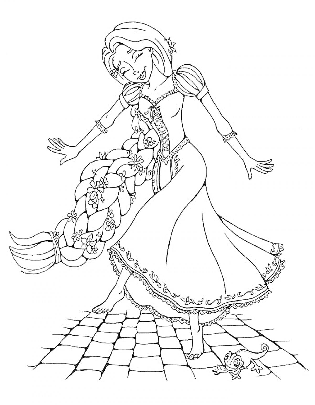 Девочка с длинной косой, в платье, на плиточной поверхности, рядом с мышкой