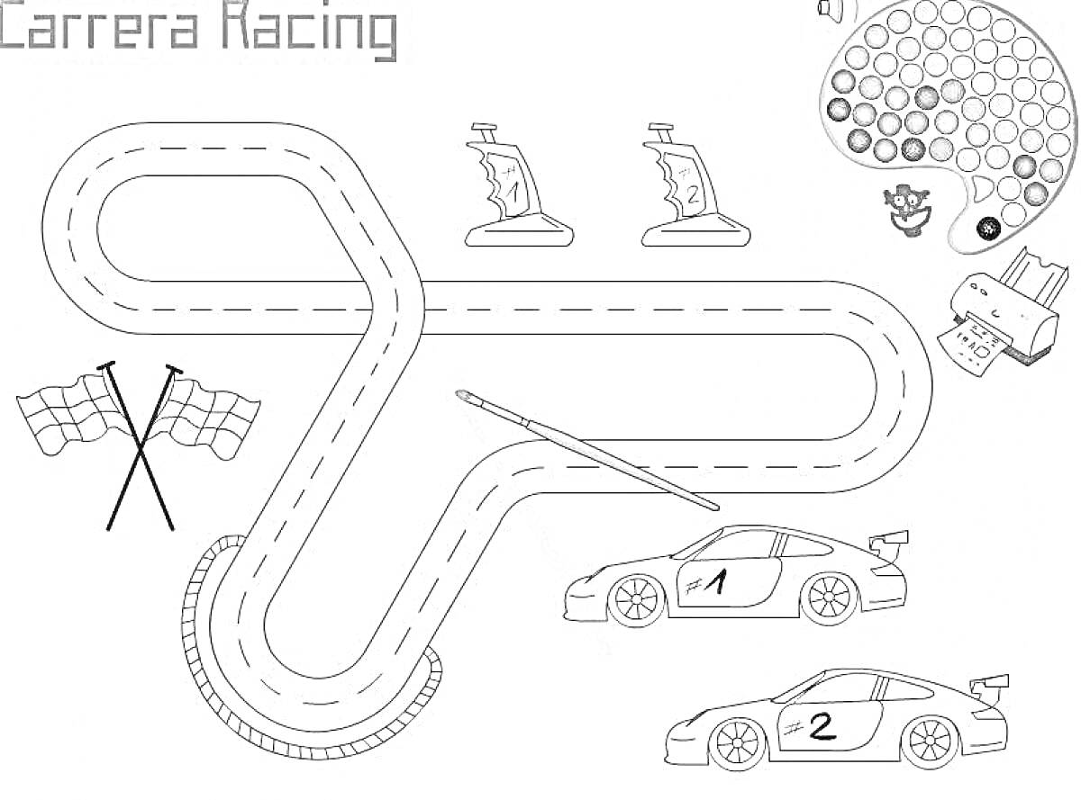 Гоночный трек с машинками, флажками, джойстиками и игровыми элементами