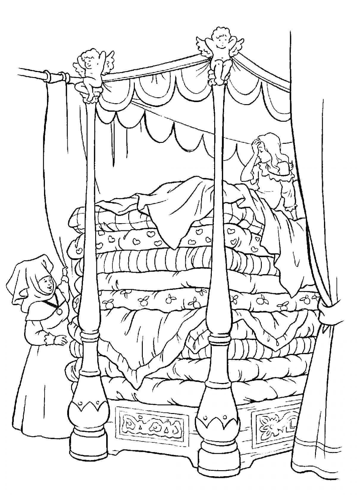 Раскраска Принцесса на горошине, девушка на кровати с множеством матрасов, кровать с балдахином, женщина у кровати