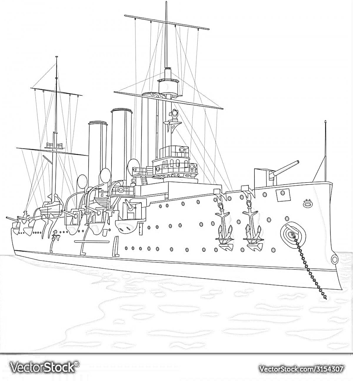 Раскраска Крейсер Аврора на воде с видимыми якорями, трубами, мачтами и деталями корпуса