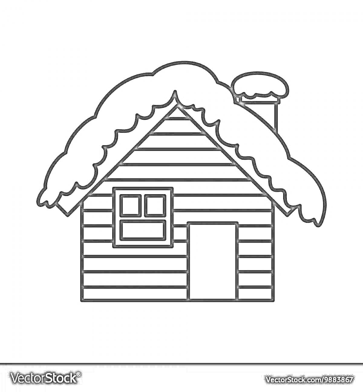На раскраске изображено: Зима, Снег, Труба, Дверь, Крыша, Деревянный дом