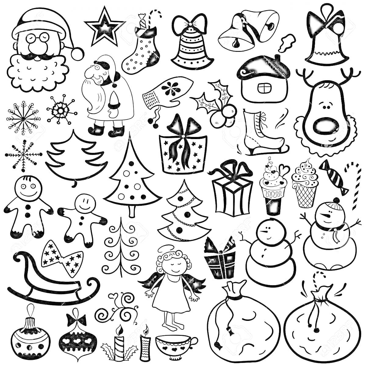 Раскраска Новогодние наклейки с различными элементами для раскраски: Санта Клаус, звезда, колокольчики, кепка, олень, три снежинки, митенка, веточка остролиста с ягодами, домик, носок, веточка, пряничные человечки, елки, подарки, снеговики, кексики, санки, ангелоче