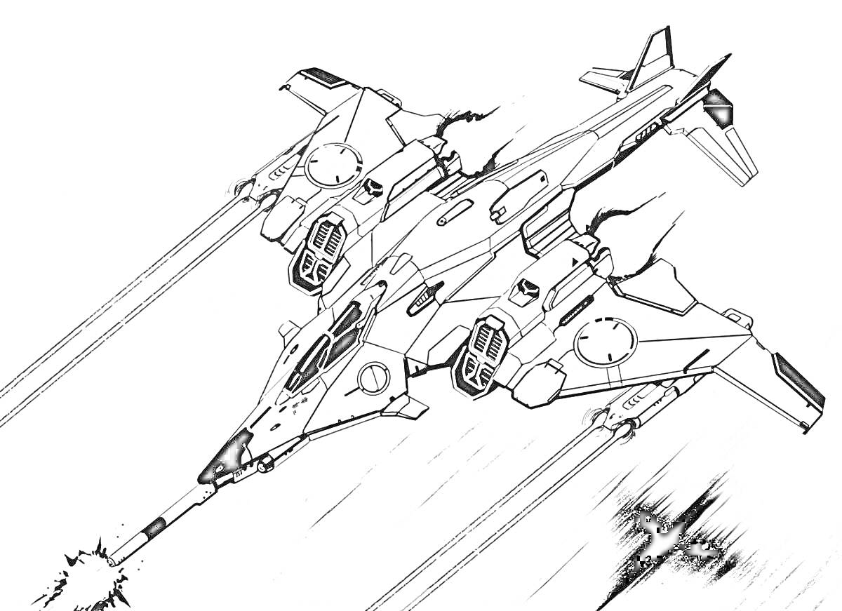На раскраске изображено: Истребитель, Воздушный бой, Военный самолет, Ракета, Стрельба, Снаряды