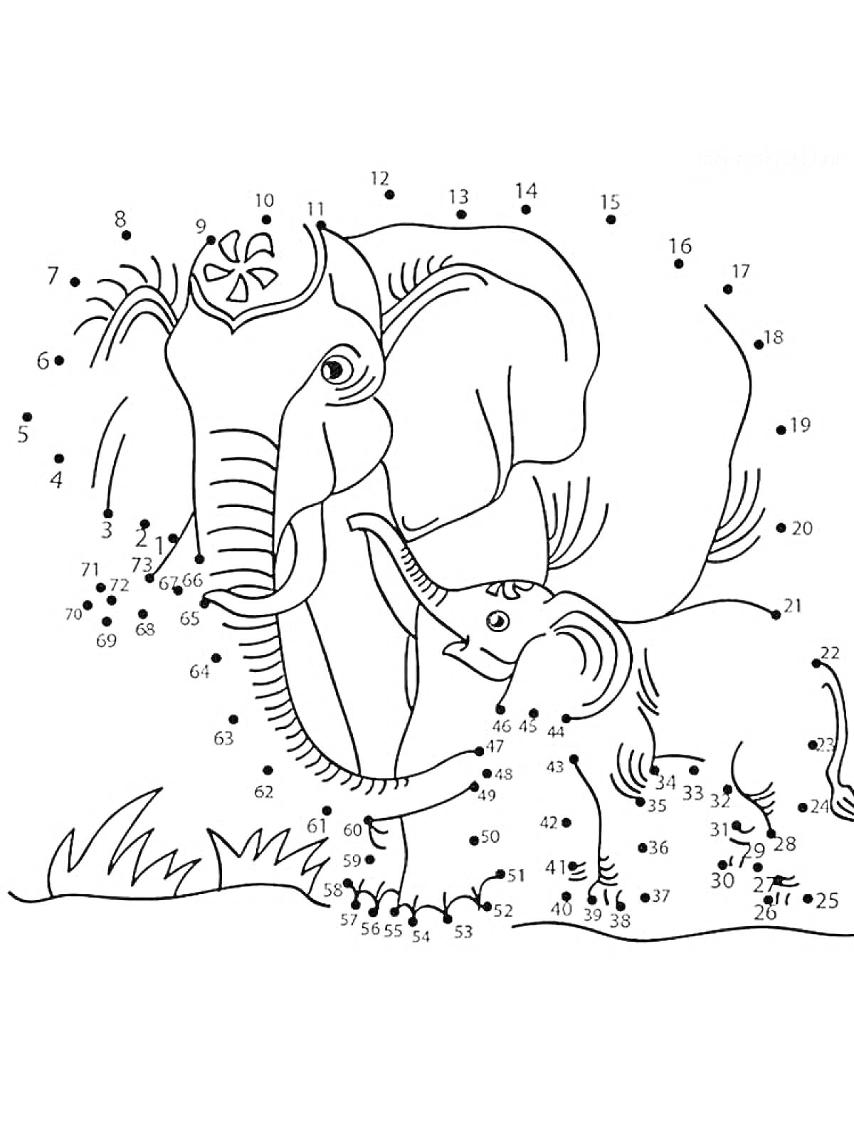 Раскраска Раскраска по точкам с изображением взрослого и детёныша слонов на фоне травы