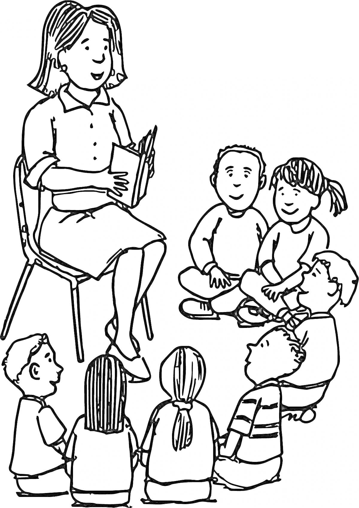 На раскраске изображено: Воспитатель, Детский сад, Книга, Чтение, Сидение, Женская фигура