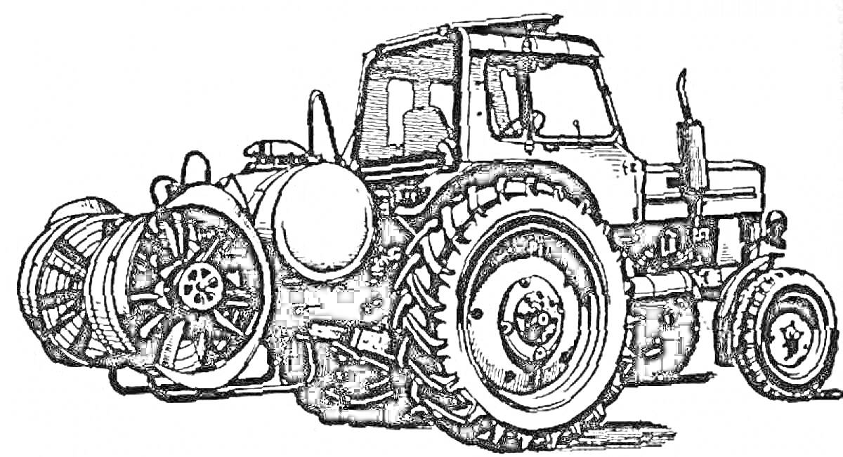 Раскраска Трактор МТЗ с сельскохозяйственным оборудованием и колесами