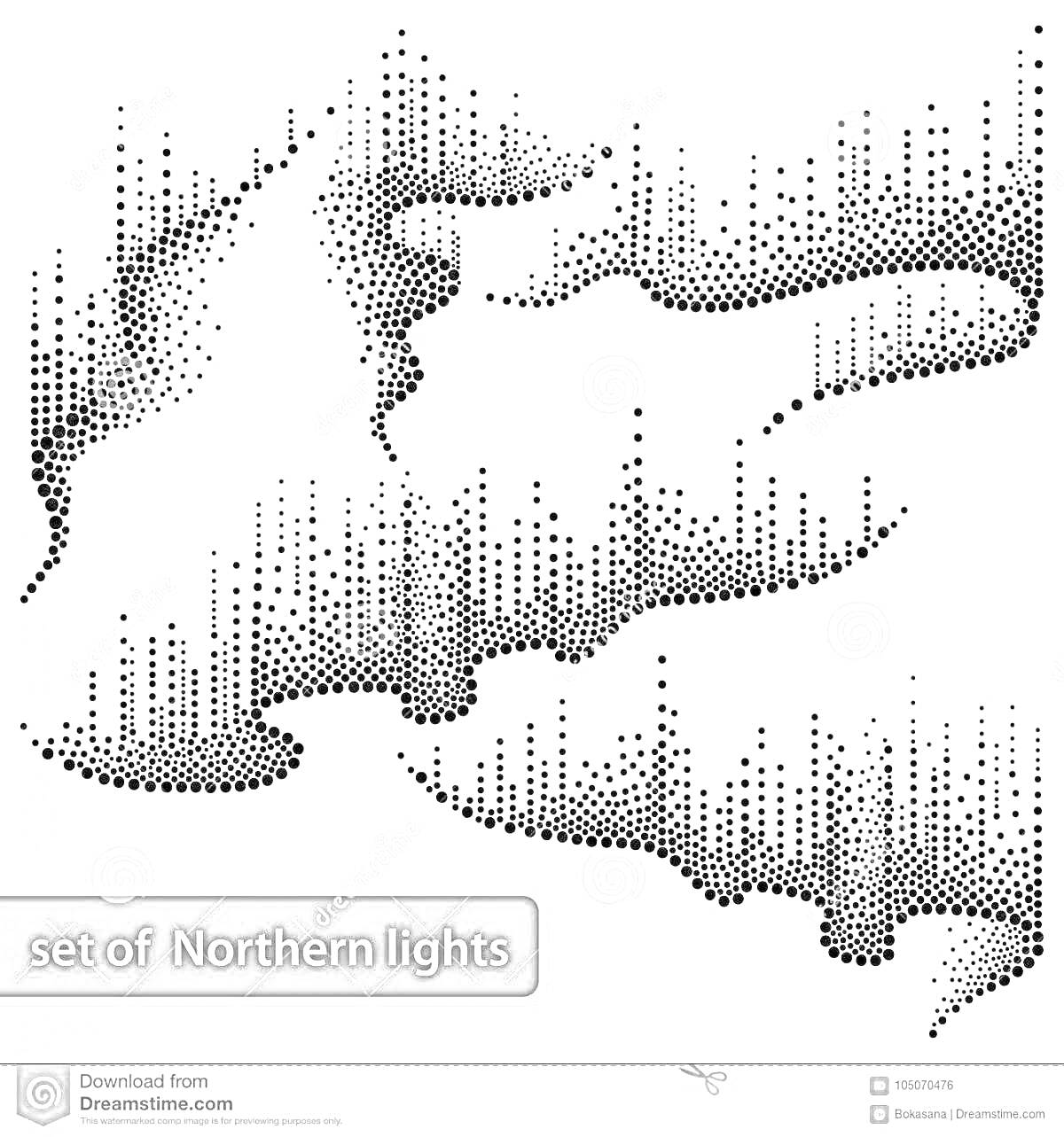 Раскраска Набор северного сияния, изображение 4 различных форм полярных сияний в виде точек