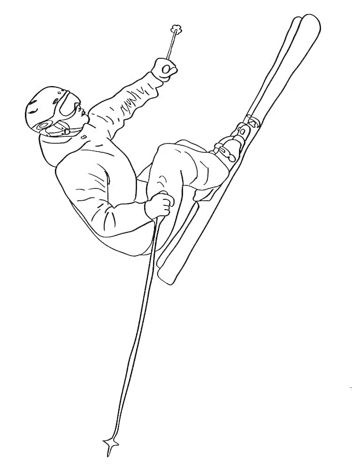 На раскраске изображено: Лыжник, Защитный шлем, Трюк, Зимний спорт, Лыжи, Палки, Активный отдых, Горные лыжи, Спорт