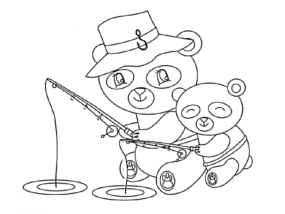 Раскраска Панды на рыбалке, две панды с удочкой, шляпа