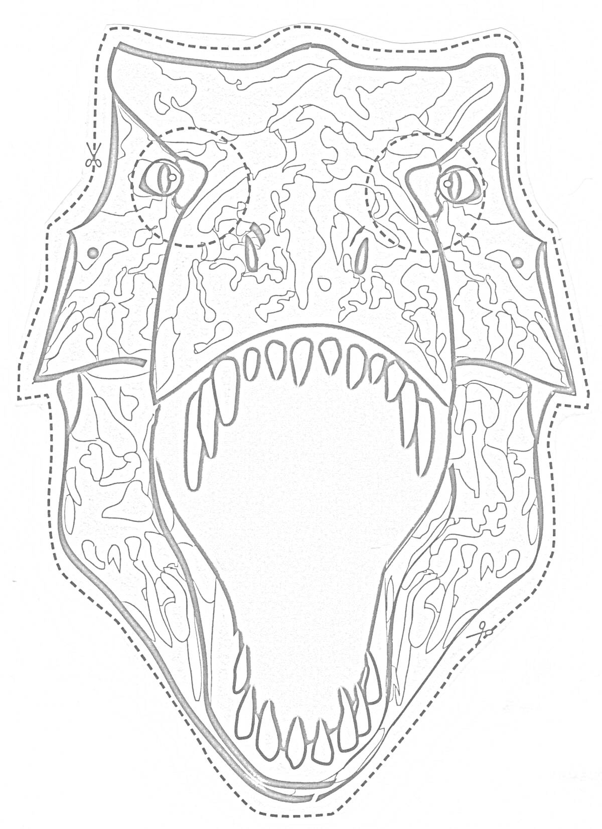 На раскраске изображено: Раптор, Динозавр, Маска, Пасть, Зубы, Чешуя, Глаза