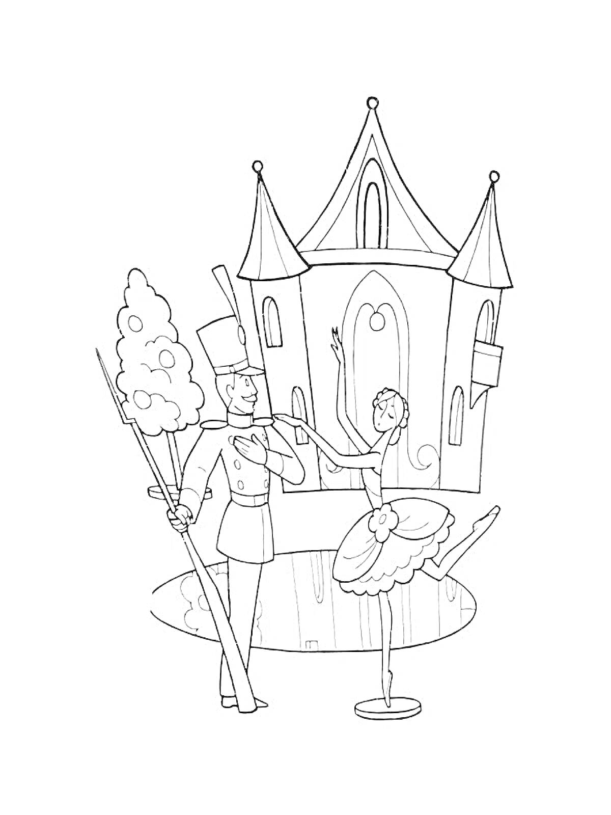 На раскраске изображено: Стойкий оловянный солдатик, Балерина, Замок, Танец, Озеро