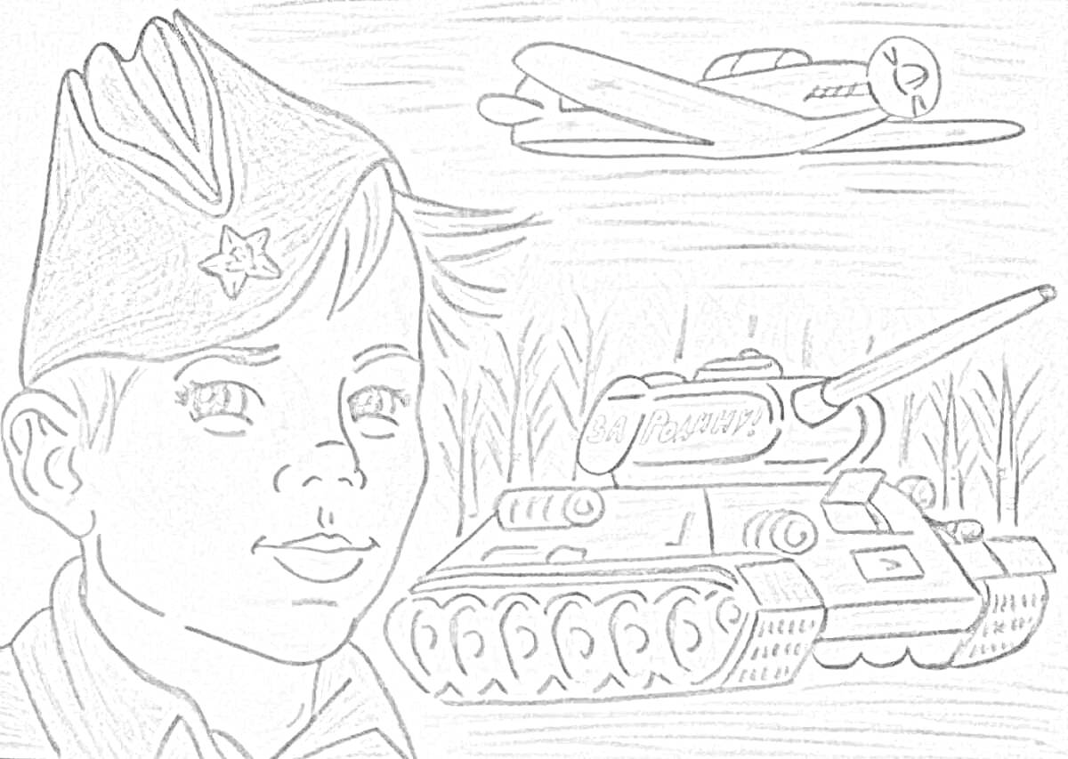 Раскраска Портрет молодого солдата, военный танк и самолет на фоне леса