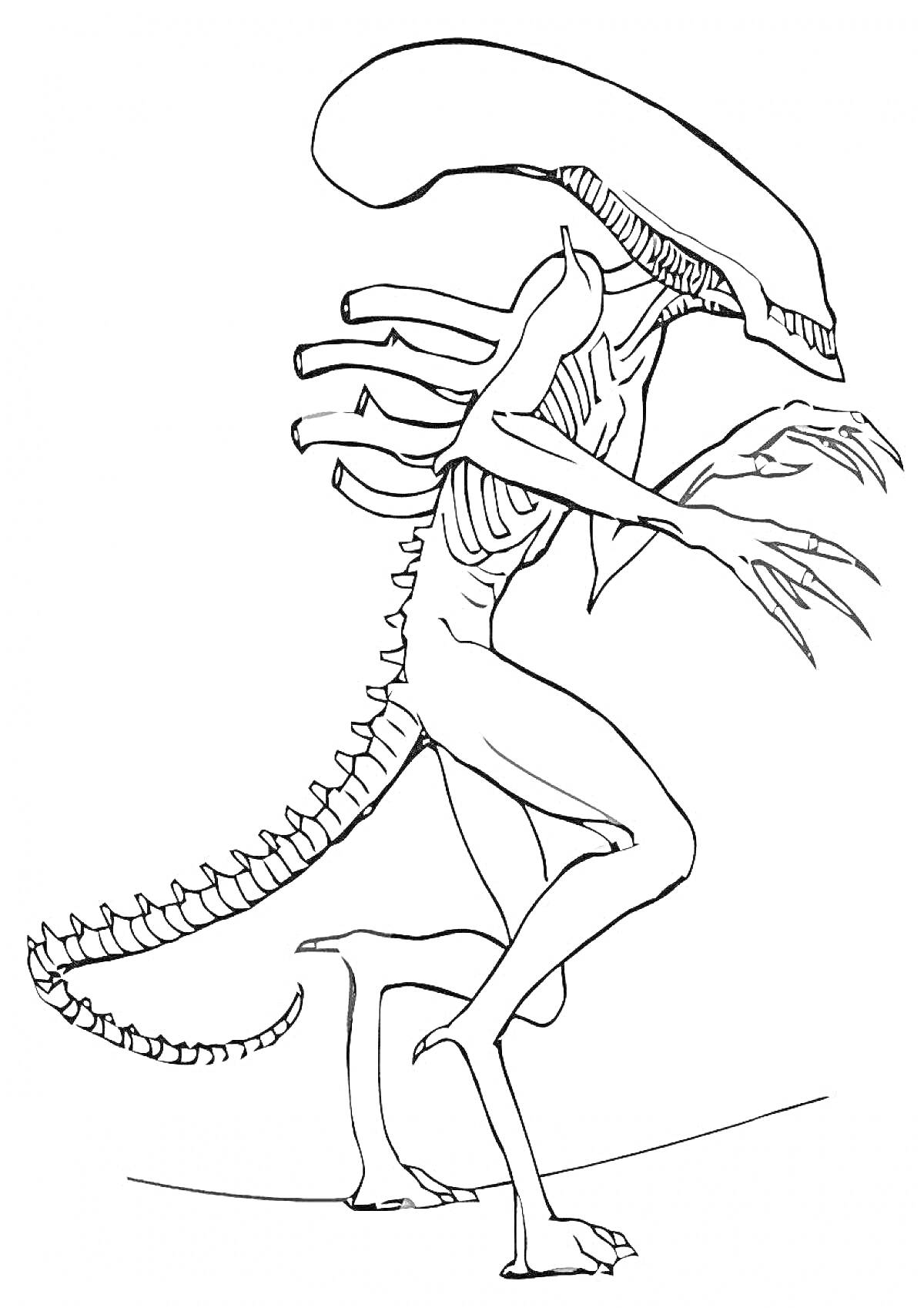Раскраска Инопланетное существо с длинным хвостом и вытянутой головой, демонстрирующее агрессивную позу