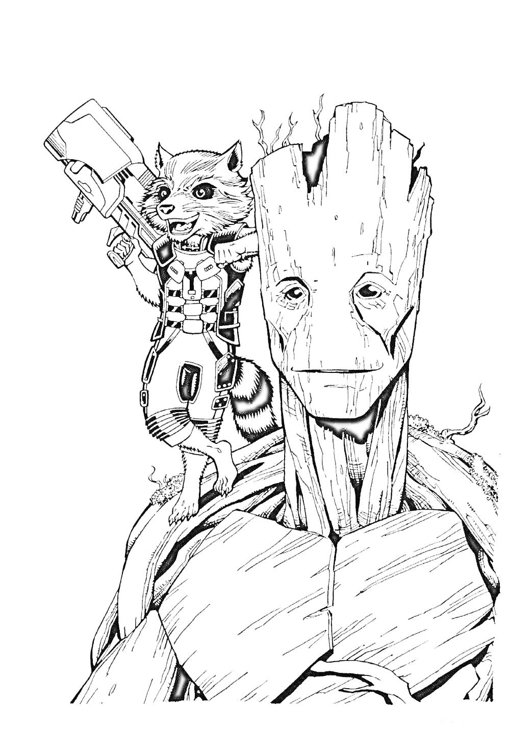 Раскраска Енот с оружием на плечах у дерева-человека