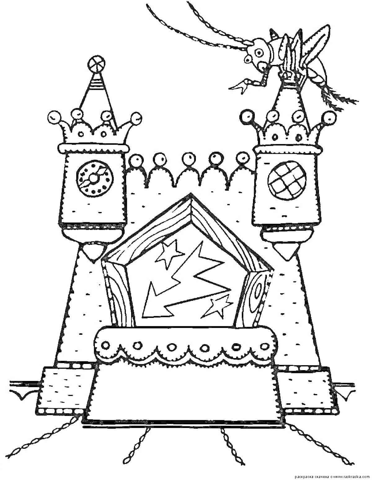 На раскраске изображено: Театр кукол, Башни, Кукла, Кузнечик, Замок, Кукольный театр