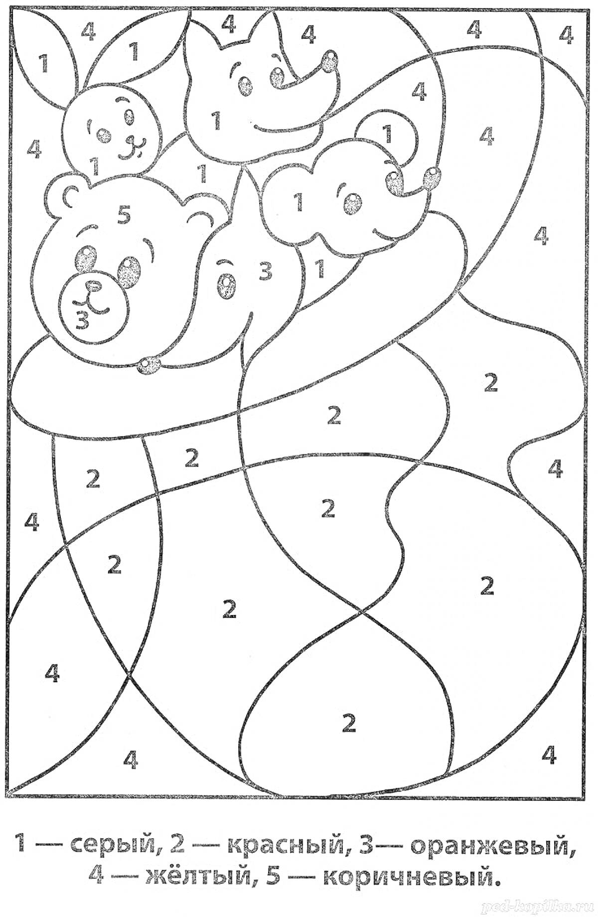 На раскраске изображено: Медведь, Лисы, Шарф, Для детей, Цифры, Желтый, 6-7 лет