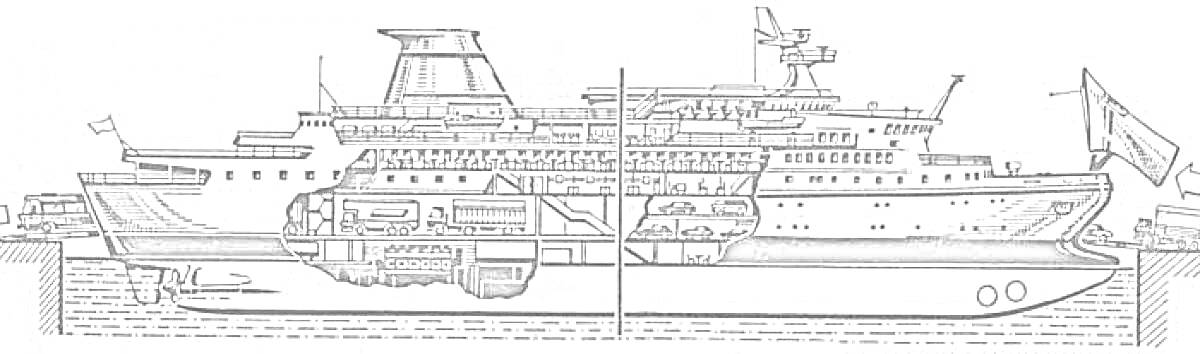 Паром в разрезе с деталями, включая внутренние отсеки, антенны, спасательные шлюпки, трубы