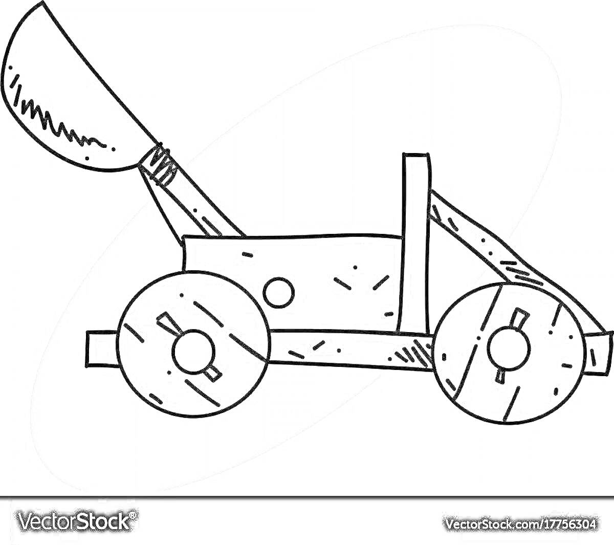 Раскраска Деревянная катапульта с колесами и рычагом