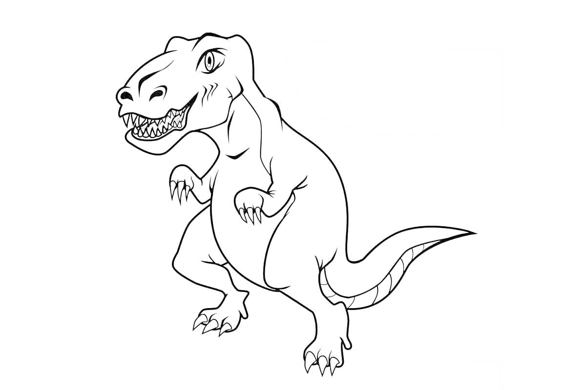 Раскраска - Тираннозавр, стоящий на задних лапах, с открытой пастью и видимыми зубами, мелкими верхними лапами и длинным хвостом.