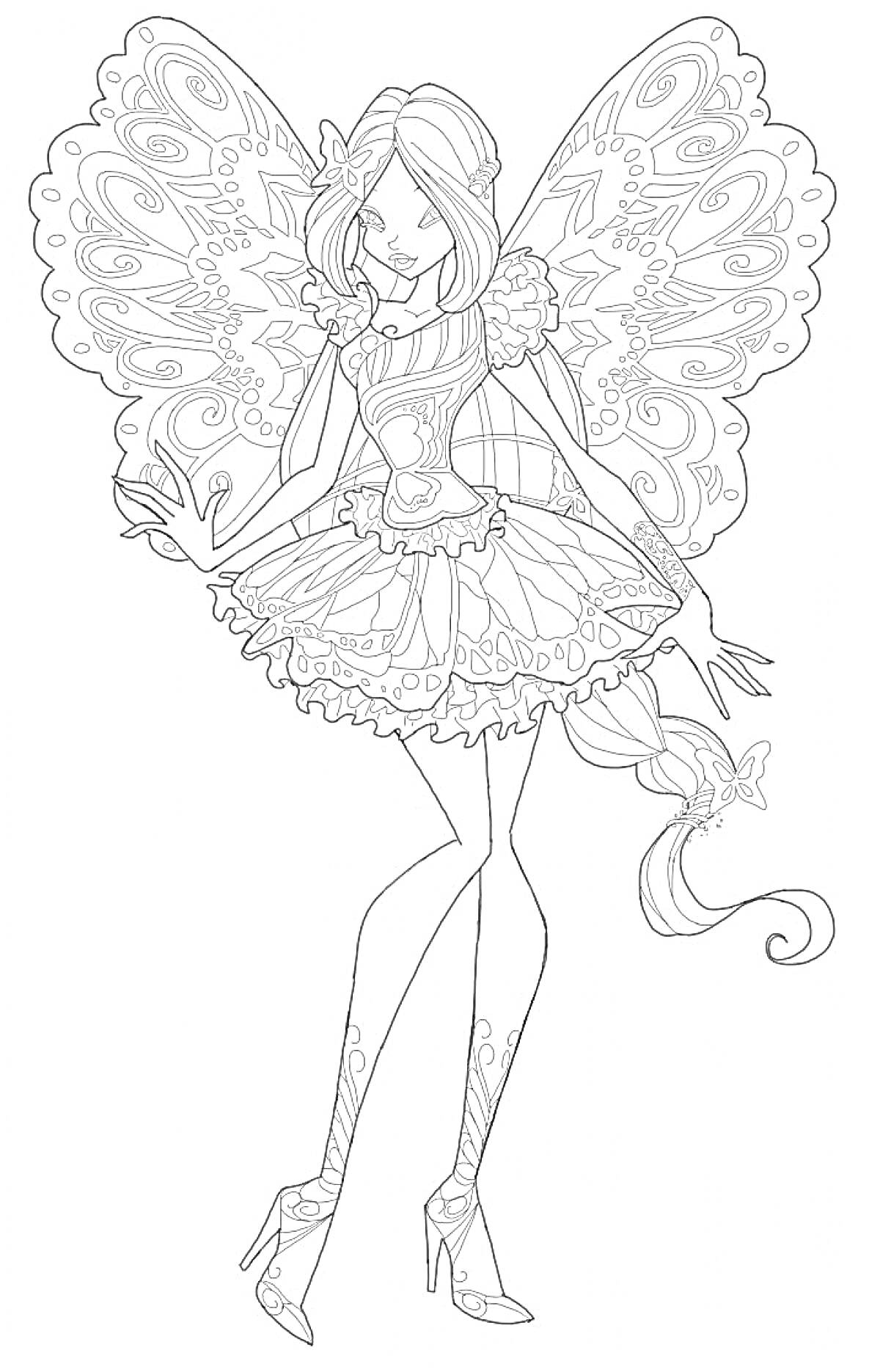 Раскраска Фея Винкс Баттерфликс с крыльями и длинным хвостом в платье и на каблуках