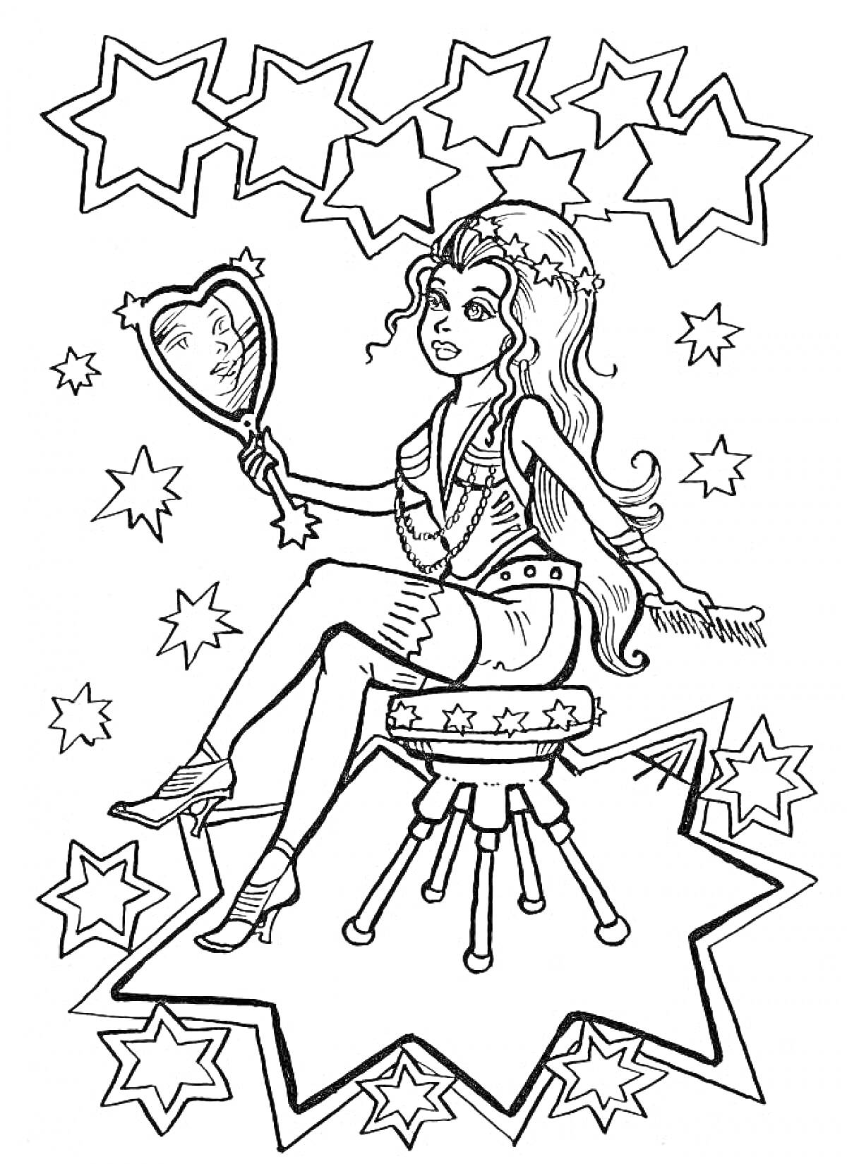 Раскраска Девушка, сидящая на звезде, с ручным зеркальцем среди звезд