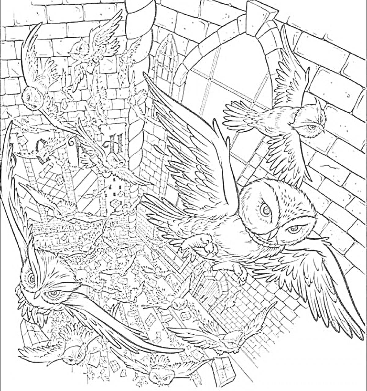 Раскраска Совиное почтовое отделение Хогвартса с летающими совами в интерьере школы